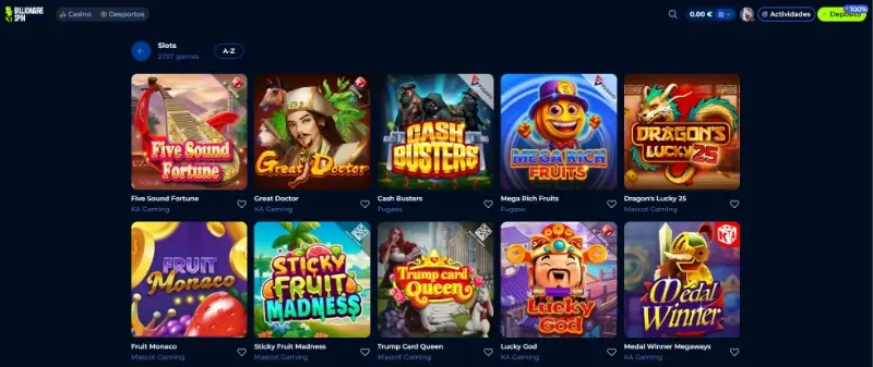 Página de slot machines do casino da BillionaireSpin