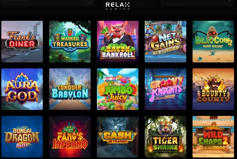 Página de slots na Relax Gaming