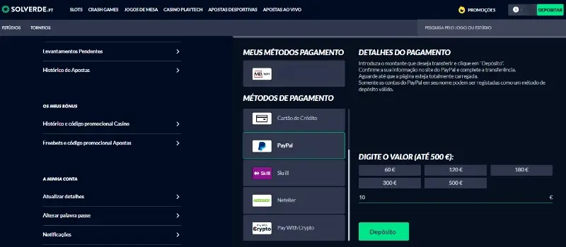 Página de pagamentos do casino da Solverde