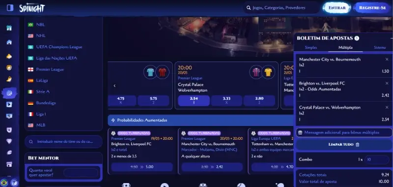 Página de paostas desportivas da Spinight