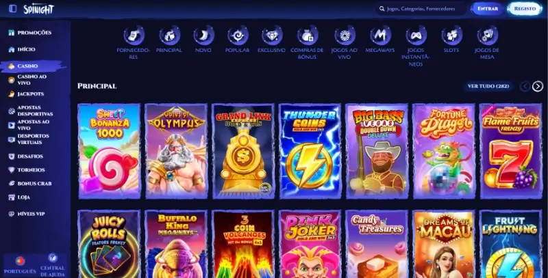 Página de casino na Spinight