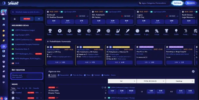 Página de apostas desportivas da Spinight