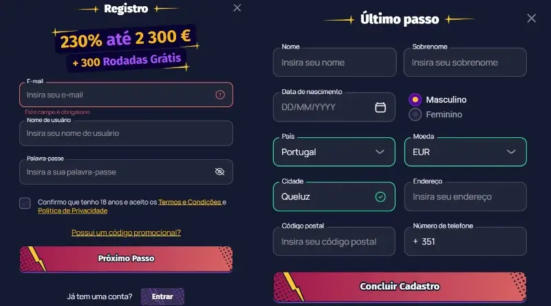 Formulário de registo do Spinlander Casino