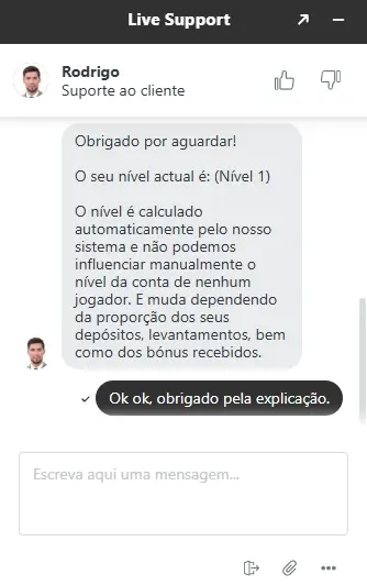 Resposta do chat ao vivo sobre o clube VIP do Spinrollz