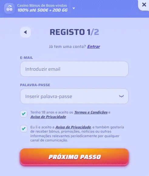 Formulário de registo do SpinRollz