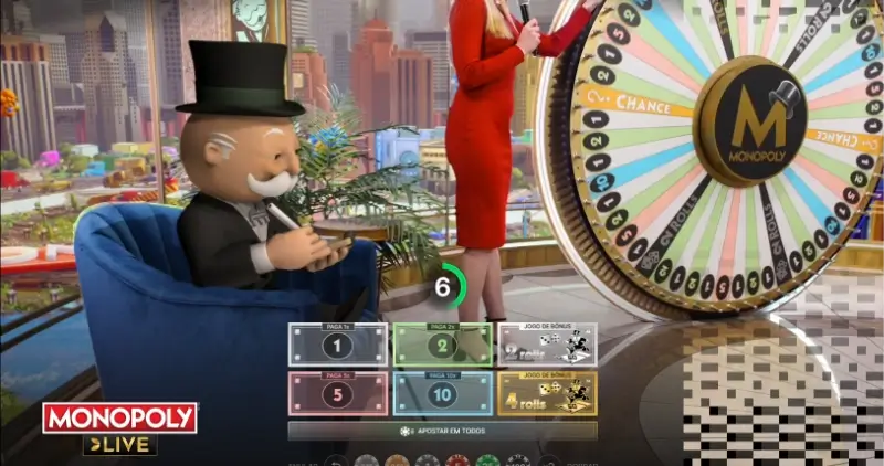 Animação com o senhor monopólio no Monopoly Live