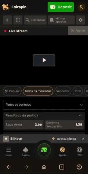 Stream pausada na versão mobile do site da FairSpin