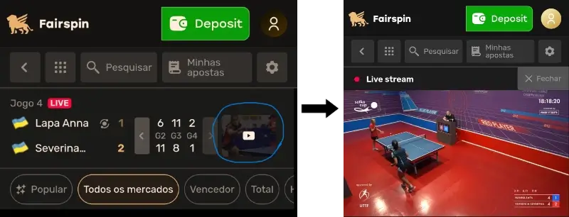 Simbolo de streaming e live streming no site móvel da FairSpin
