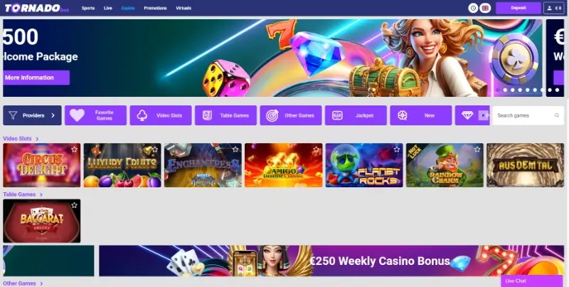 Página de casino da TornadoBet