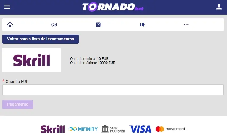 Levantamento com skrill no casino da Tornadobet
