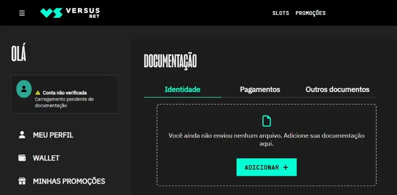 Validação de conta na VersusBet