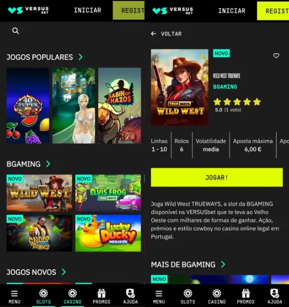 Jogos de casino na Versusbet app