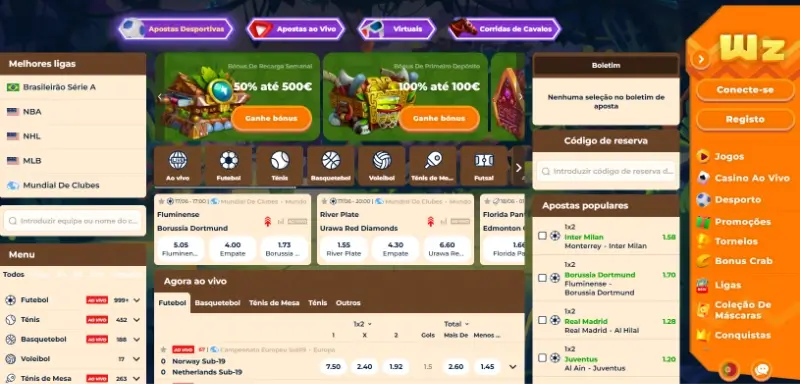Página principal de desporto na Wazamba