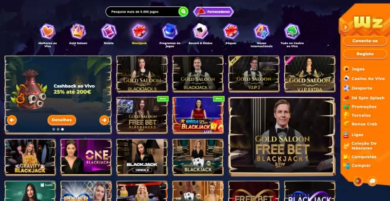 Página de blackjack ao vivo no casino da Wazamba