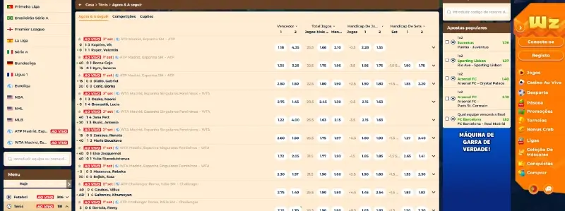 Página de apostas em ténis na Wazamba