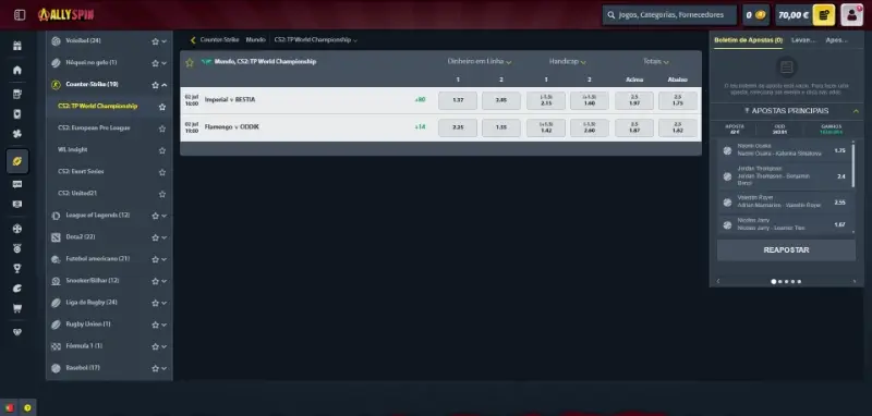 Página de apostas para CS2 na AllySpin