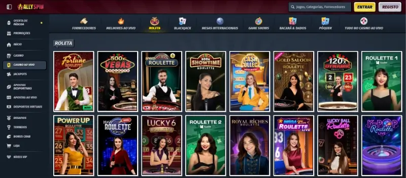 Página de roleta ao vivo no casino da AllySpin