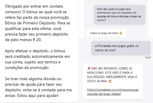 Respostas do caht ao vivo do apoio ao cliente do PrimeBetz