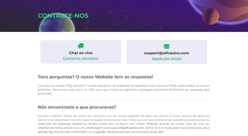 Página de apoio ao cliente do Alf Casino
