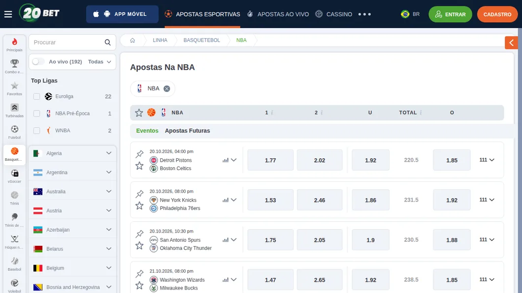 Página de apostas na NBA da 20Bet com Pistons x Celtics, Knicks x 76ers e Spurs x Thunder e as colunas de vencedor e total