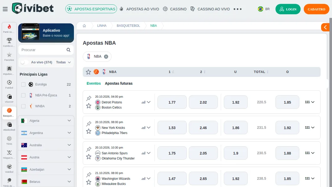 Página Apostas NBA da Ivibet com os separadores Eventos e Apostas futuras e os jogos de 20 de outubro com vencedor e total