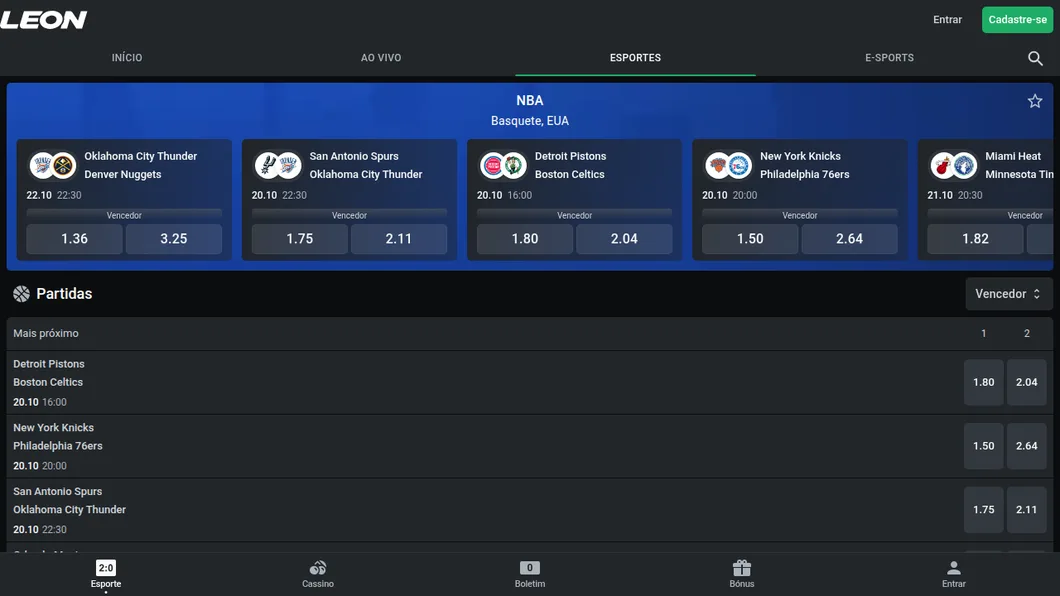 Página da NBA na Leon com os jogos da semana de abertura — Spurs x Thunder, Pistons x Celtics, Knicks x 76ers — e as odds de vencedor