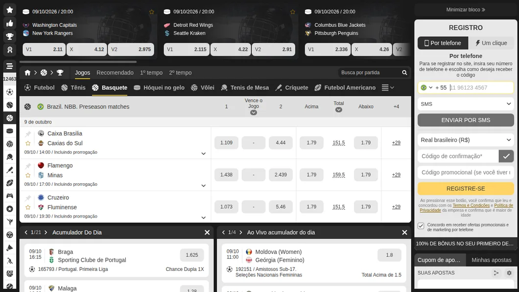 Jogos de pré-temporada do NBB na MelBet — Caixa Brasília x Caxias do Sul, Flamengo x Minas, Cruzeiro x Fluminense — com odds de vencedor e total