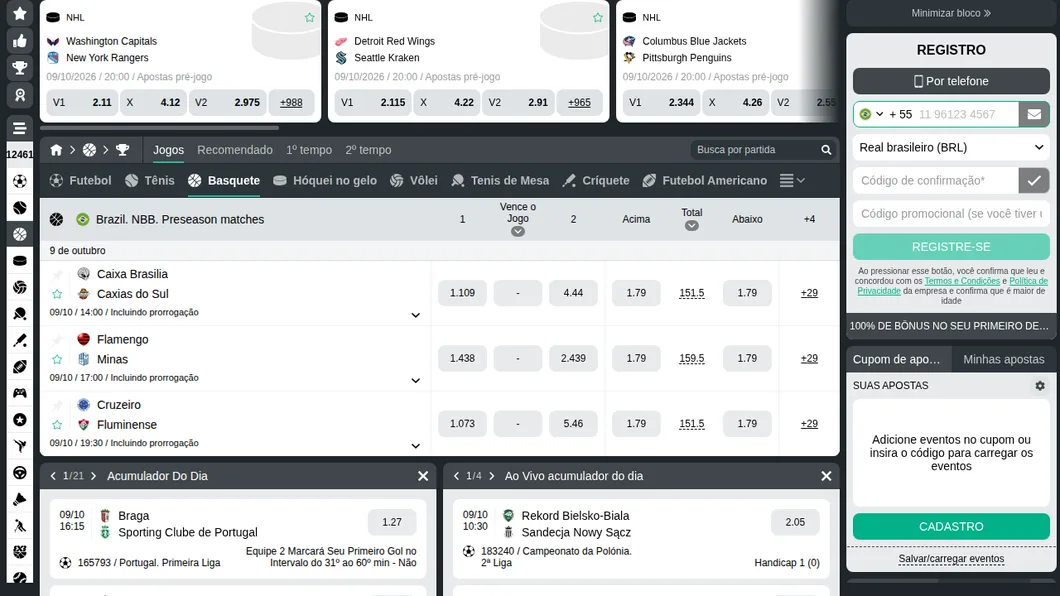 Pré-temporada do NBB na Planbet com Flamengo x Minas e as odds de vencedor, total de pontos e handicap
