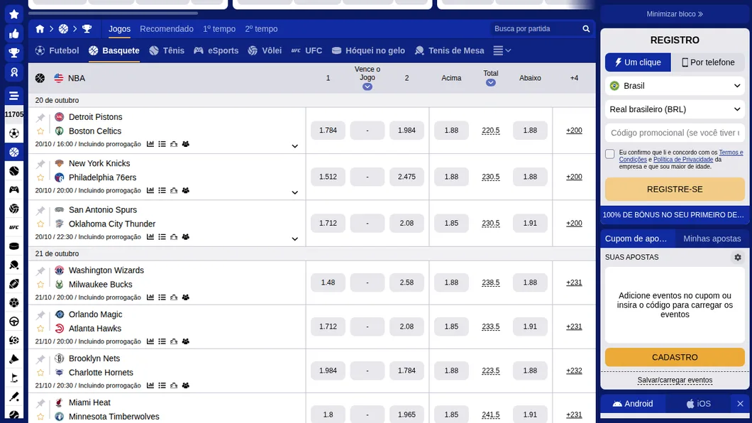 NBA na SapphireBet com os jogos de 20 de outubro — Pistons x Celtics e Knicks x 76ers — e a linha de total de 220,5 pontos