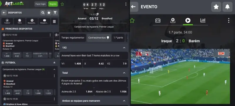 Secção de apostas desportivas da Betlabel App