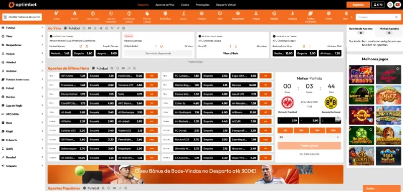 Página de apostas desportivas da OptimBet
