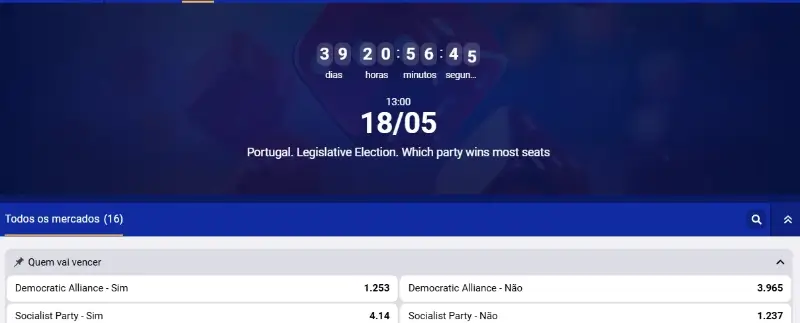 Exemplo de paostas especiais disponíveis na SapphireBet