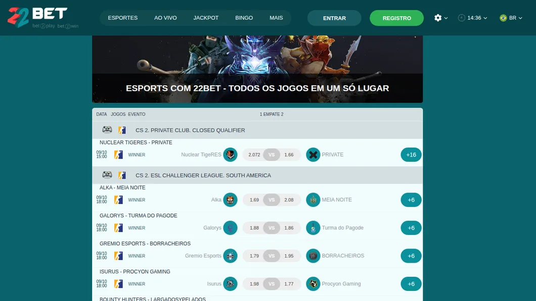 Página de eSports da 22bet com CBLOL, ESL Challenger League de CS2 e Valorant Champions listados no menu