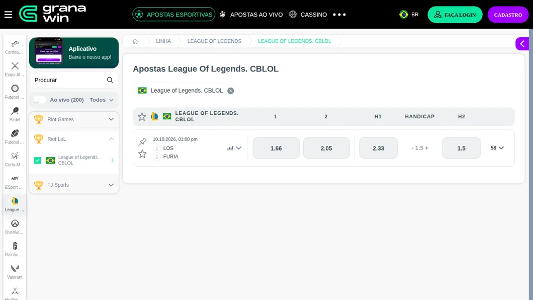 Página de League of Legends da Granawin com a final do CBLOL e o CBLOL Promotion