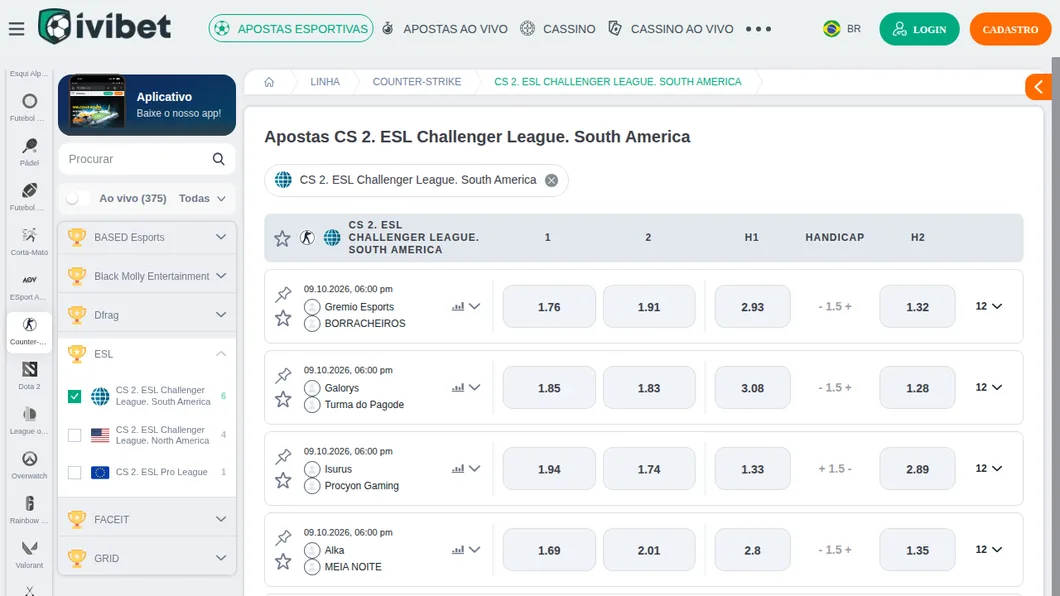 Página de CS2 da Ivibet com os jogos da ESL Challenger League da América do Sul