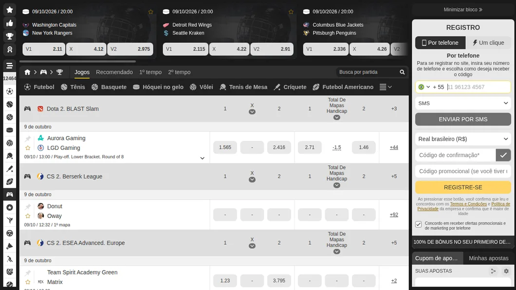 Seção de eSports da MelBet com jogos do CBLOL, BLAST Slam de Dota 2 e Valorant Champions