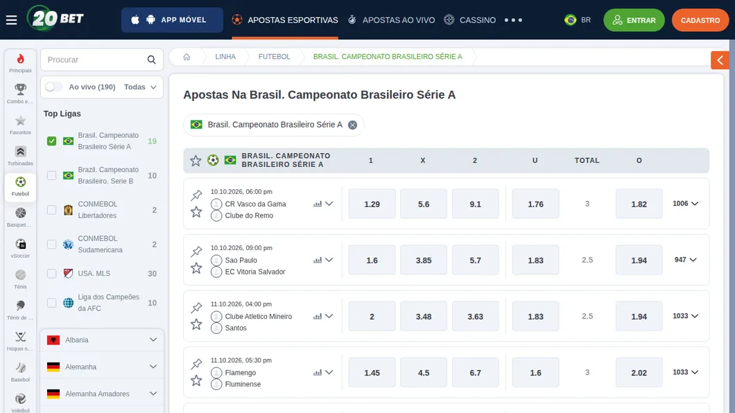 Página da Série A na 20Bet com as Top Ligas abertas pelo Brasileirão, Vasco x Remo, São Paulo x Vitória, Atlético-MG x Santos e Flamengo x Fluminense com o número de mercados de cada jogo