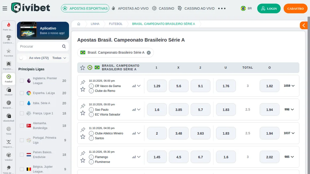 Página da Série A na Ivibet com Vasco x Remo, São Paulo x Vitória, Atlético-MG x Santos e Flamengo x Fluminense, odds de 1X2 e total e o número de mercados de cada jogo