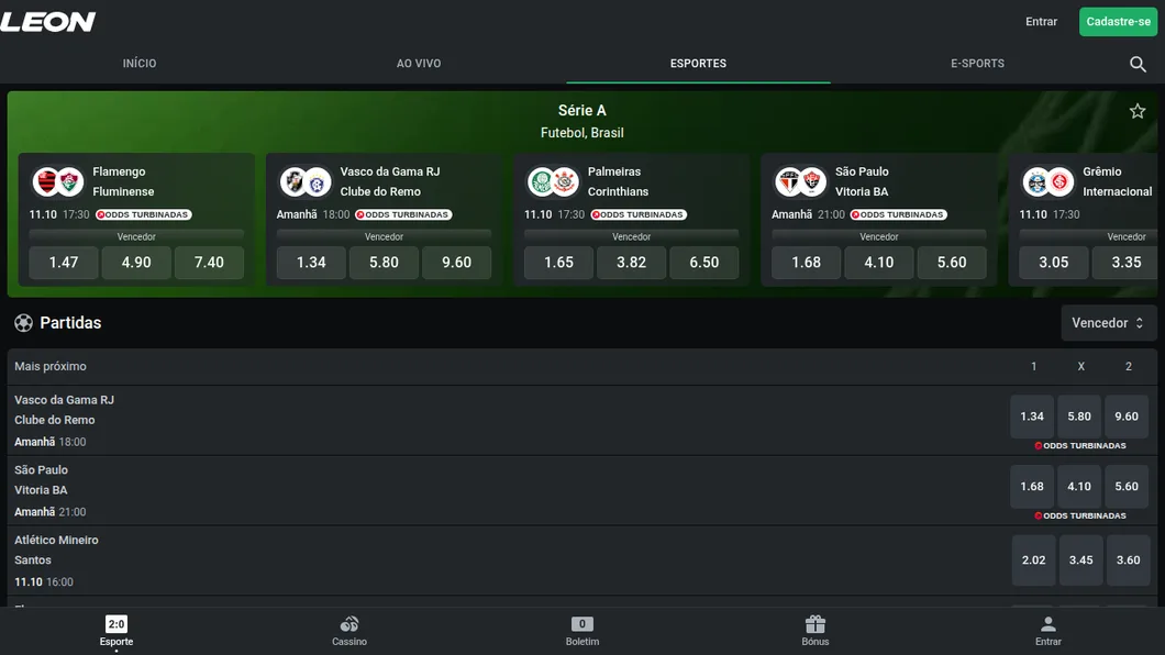 Página de futebol da Leon com a Série A em destaque: Flamengo x Fluminense, Vasco x Remo, Palmeiras x Corinthians e São Paulo x Vitória com o selo Odds Turbinadas