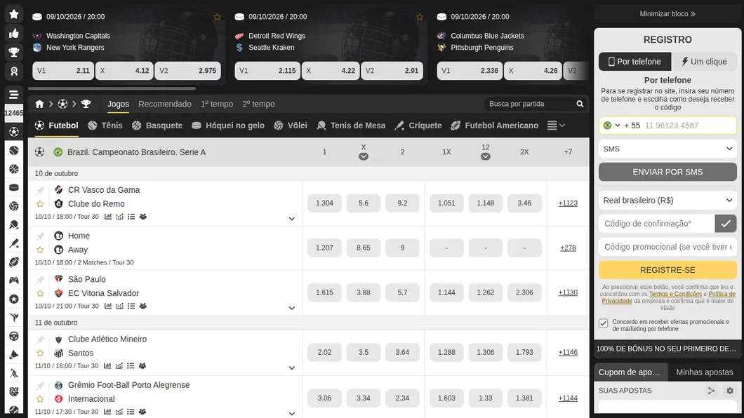 Lista da Série A na MelBet com Vasco x Remo, São Paulo x Vitória, Atlético-MG x Santos e Grêmio x Internacional, mais de mil apostas por jogo e o formulário de cadastro em reais