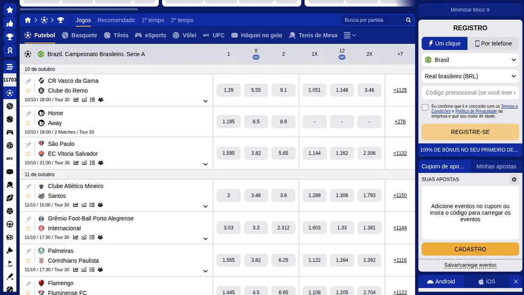 Grade da Série A na SapphireBet, com a mesma plataforma da 22bet: Vasco x Remo, São Paulo x Vitória, Atlético-MG x Santos, Grêmio x Internacional e Palmeiras x Corinthians