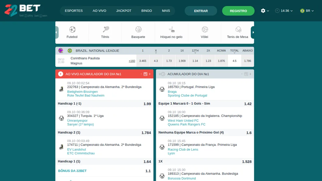 Página da Brazil National League na 22bet com Corinthians x Magnus a 3.465, 4.3 e 1.73 e mais de 160 apostas disponíveis no jogo