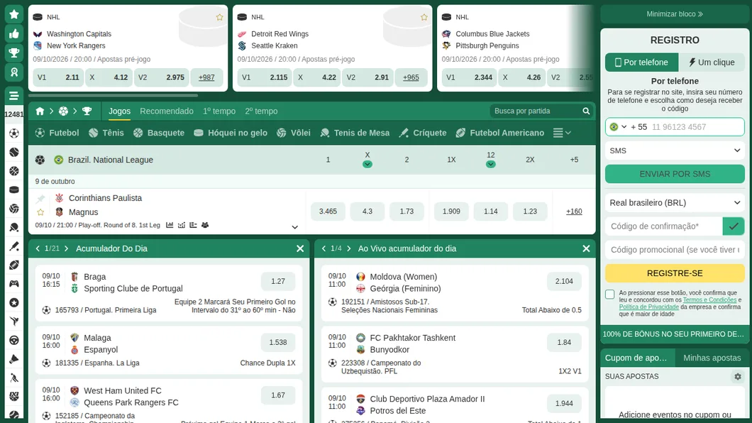 Página de futsal da BetWinner com a Brazil National League, o jogo Corinthians Paulista x Magnus e as odds de 1X, 12 e 2X ao lado do 1X2