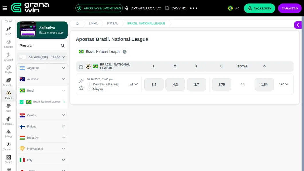 Página da Brazil National League na Granawin com Corinthians Paulista x Magnus às 21h e odds de 3.4, 4.2 e 1.7
