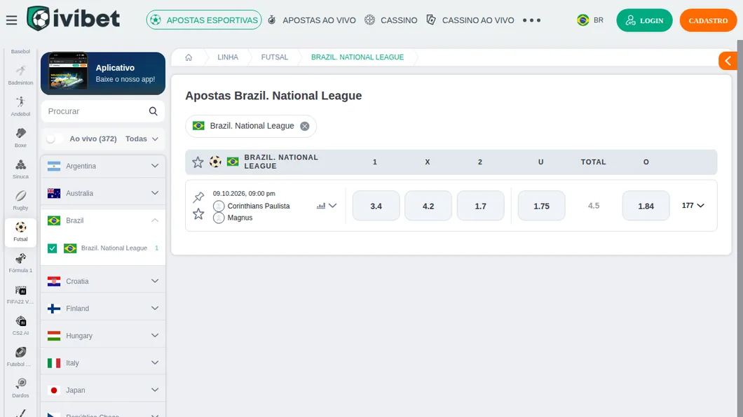 Página da Brazil National League na Ivibet com Corinthians Paulista x Magnus, linha de total em 4.5 e 177 mercados disponíveis