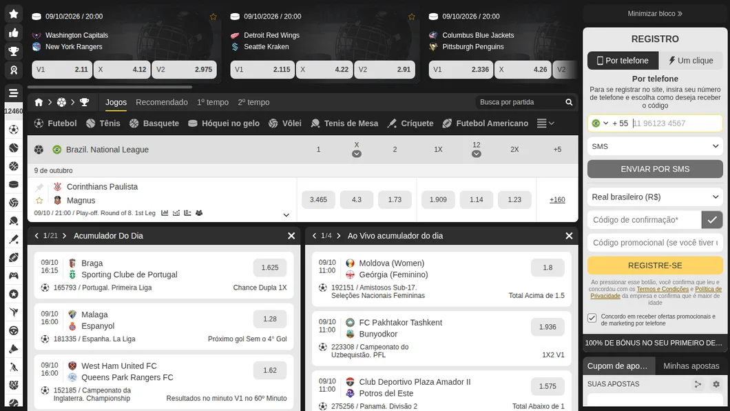 Página de futsal da MelBet com Corinthians Paulista x Magnus na Brazil National League e os blocos de Acumulador do Dia pré-jogo e ao vivo