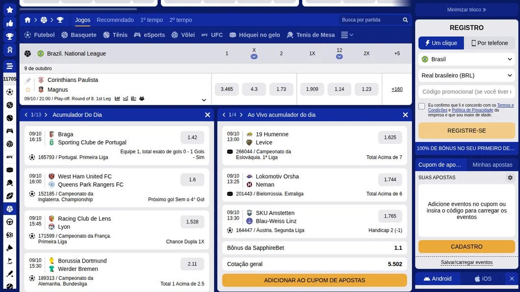 Página de futsal da SapphireBet com a Brazil National League, o jogo Corinthians Paulista x Magnus e o Acumulador do Dia ao lado do cupom de apostas