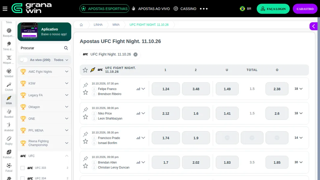 Seção de MMA da Granawin com o card do UFC Fight Night e os mercados da luta Allen x Duncan
