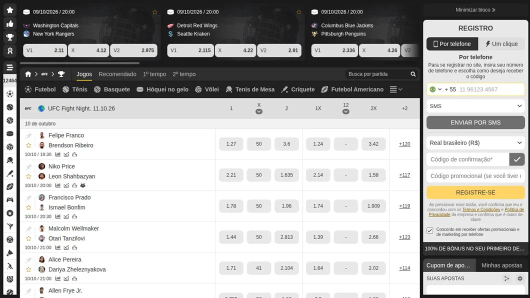 Seção de UFC da MelBet com as lutas do Fight Night de 10 de outubro e os mercados de vitória