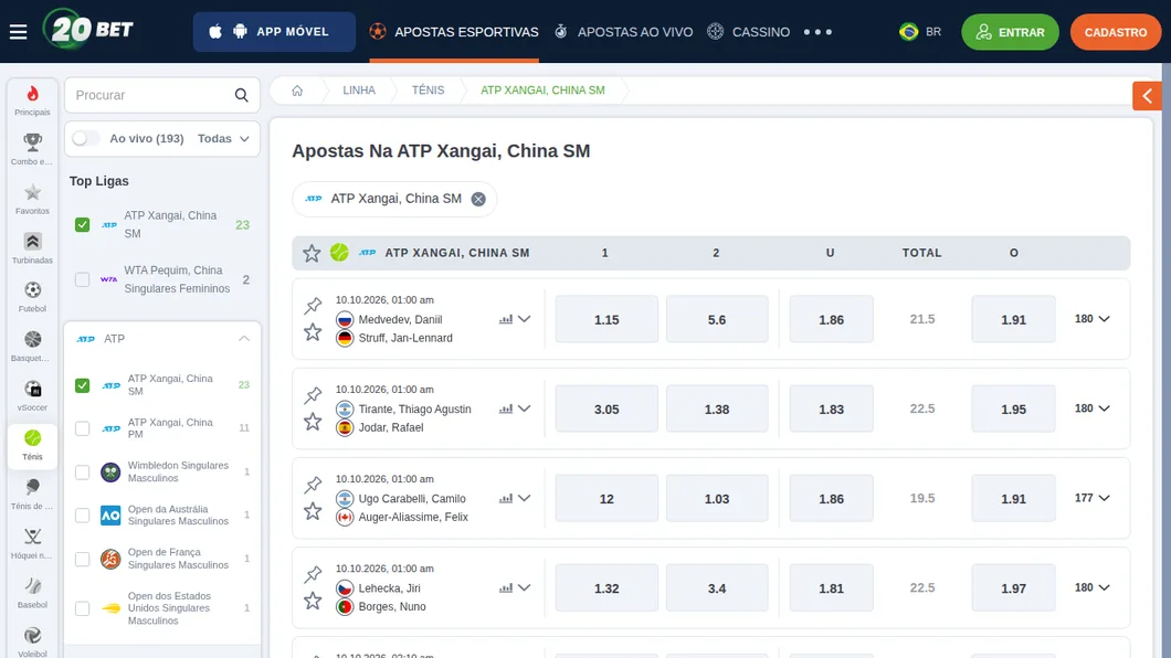 Apostas em tênis na 20Bet com o ATP de Xangai e o separador de mercados do jogo Medvedev x Struff